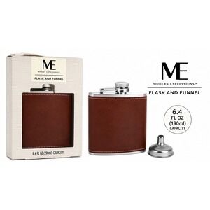 Modern Expressions Brown Faux Leather Flask and Funnel Set 6.4oz Stainless Steel